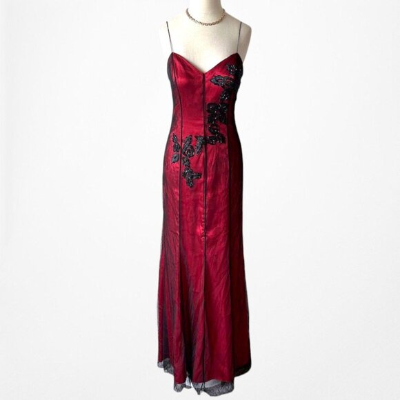 Vintage Y2K Burgundy Red Floral Beaded Embroidered Mesh Bodycon Maxi Prom Dress - Picture 4 of 9